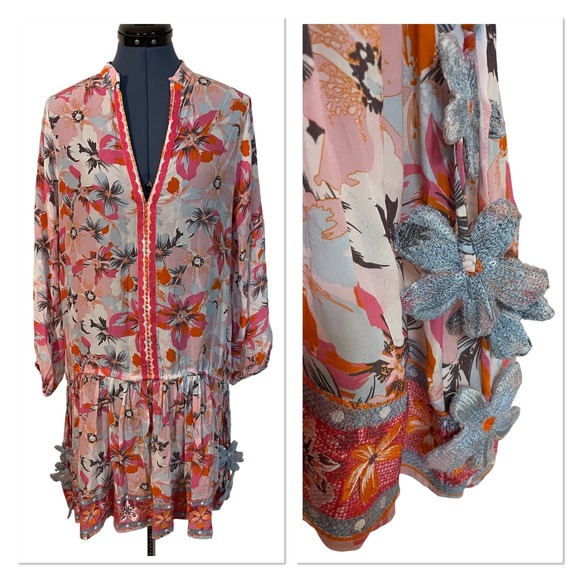TAJ by Sabrina Crippa Floral Drop Waist Mini Dress Sequin Tassels Resort Boho M